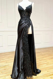 Black High Slit Applique Lace Prom Dress Backless Evening Gown
