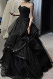 Black Backless Sparkly Ruffled Prom Ball Gown