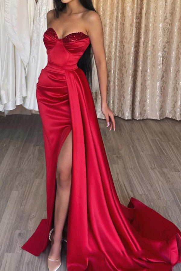Dark Red Strapless High Slit Sweetheart Evening Dress
