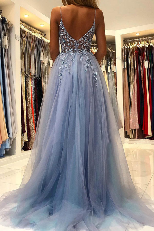 Chic Blue Applique See-through Prom Dress Formal Gown