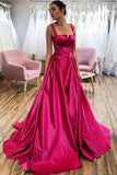 Fuchsia A-line Square Neck Satin Prom Gown Evening Dress