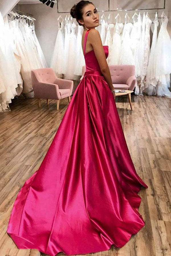 Fuchsia A-line Square Neck Satin Prom Gown Evening Dress