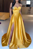 Gold Strapless Sweetheart Neck High Slit Formal Dress