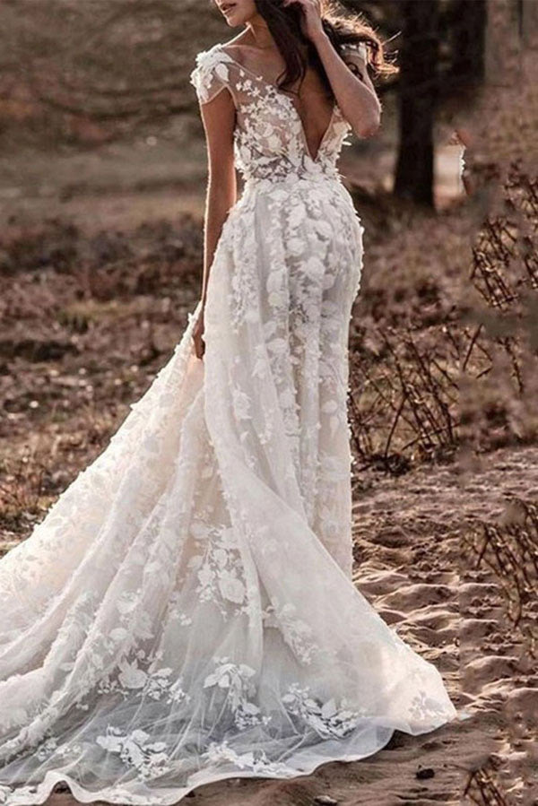 Luxury Vintage Ivory Applique Lace Wedding Dress Bridal Gown