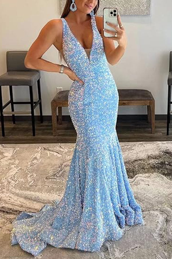Light Sky Blue Sparkly Plunging Mermaid Prom Dress