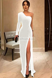 One-shoulder Thigh-high Slit Long Sleeve Prom Dress