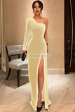 One-shoulder Thigh-high Slit Long Sleeve Prom Dress