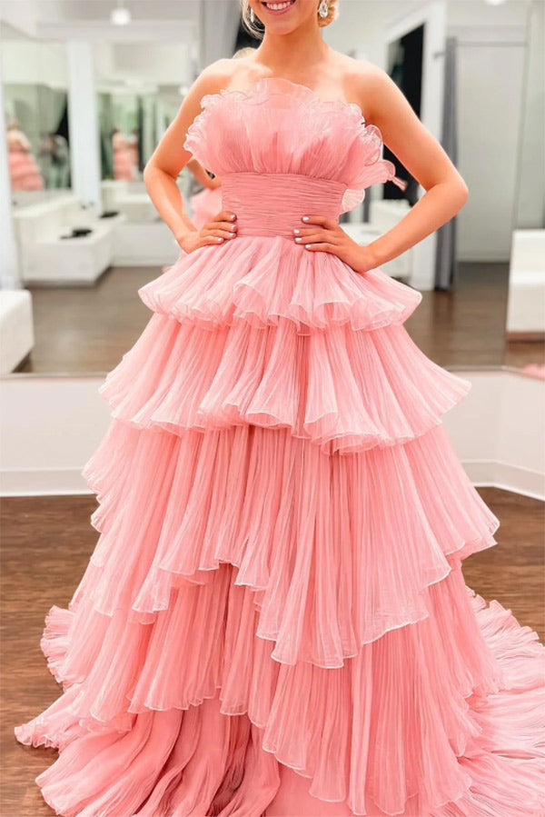 Pink Strapless A-line Prom Gown Formal Dress