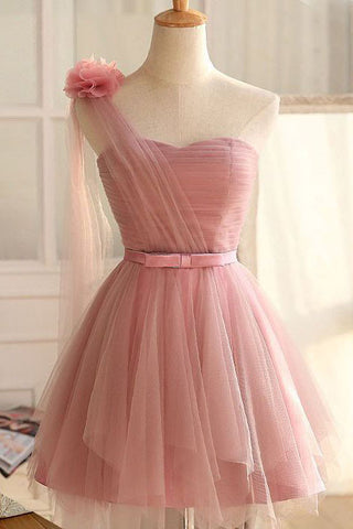 Cute Pink One-shoulder Tulle Short Dress Homecoming Dress