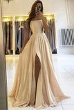 Champagne Spaghetti Straps Thigh-high Slit Prom Dress Evening Gown