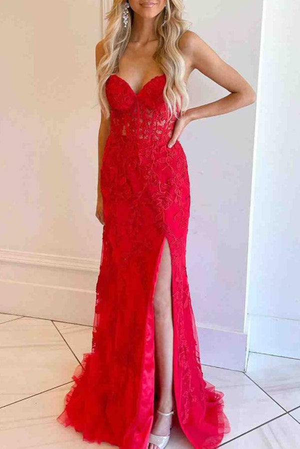 Sexy Cheap Strapless Lace High Slit Prom Dress