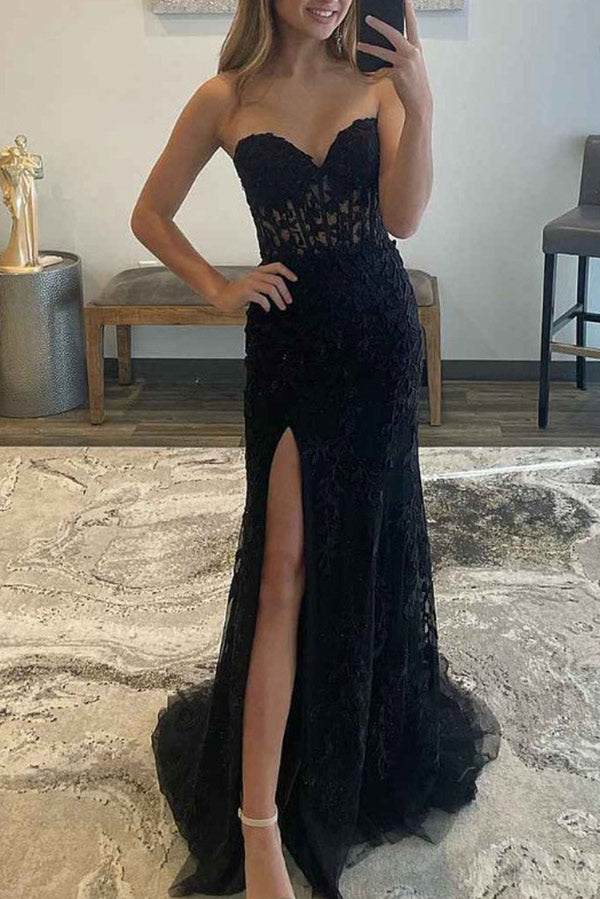 Sexy Cheap Strapless Lace High Slit Prom Dress