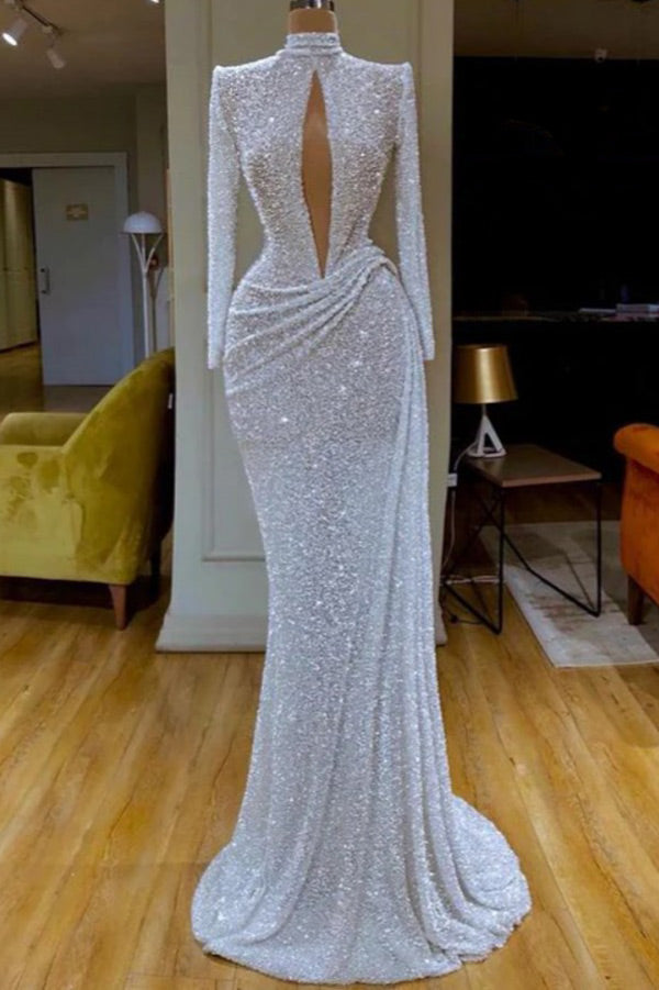 Sexy White Cut Out Sparkly Mermaid Long Sleeves Evening Dress