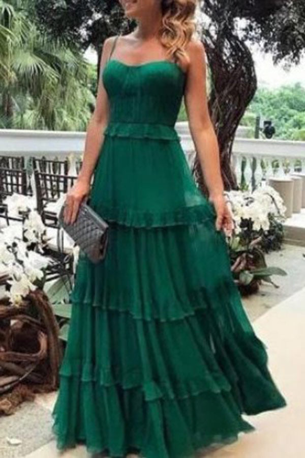 Green Spaghetti Straps Long A-line Chiffon Prom Dresses Evening Gown