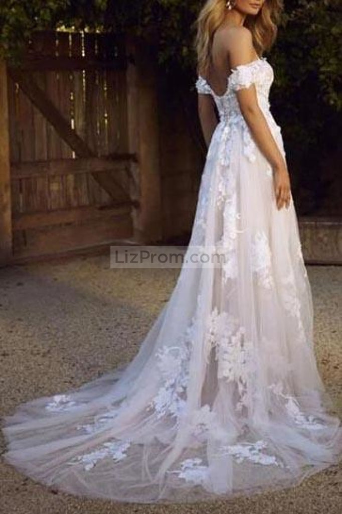 White Applique Off-The-Shoulder Flower Tulle Wedding Dress Dresses