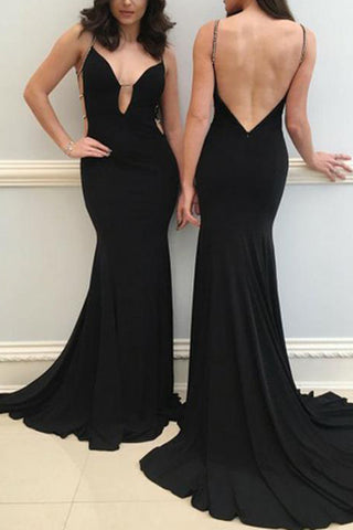 Sexy Black Mermaid Spaghetti Straps Beaded Long Prom Gown