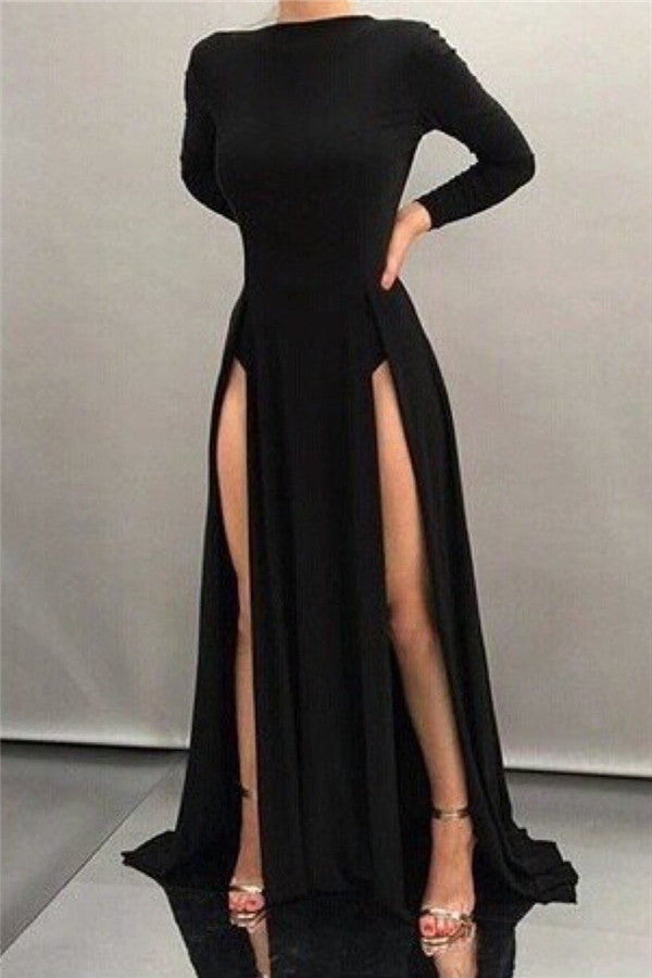 Simple Black High Neck Front Slit Long Sleeves Evening Dress