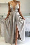 Sexy Silver A-Line Halter Ruffled Slit Sleeveless Evening Prom Gown Dresses