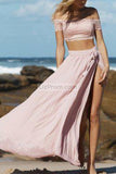 Sexy Pearl Pink Two Pieces Off Shoulder Pleated Silt Prom Dress Dresses