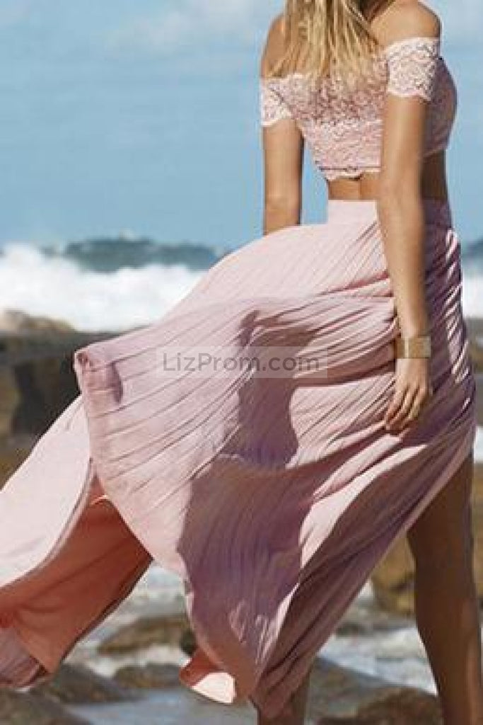 Sexy Pearl Pink Two Pieces Off Shoulder Pleated Silt Prom Dress Dresses