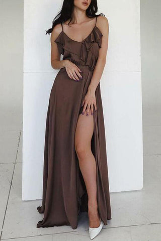 Brown Spaghetti Straps A-line Slit Prom Dress with Ruffles