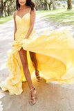 Chic Daffodil Spaghetti Straps Lace Up Ruffled Long Prom Dress Dresses
