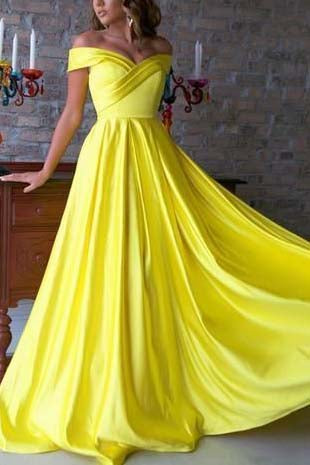 Chic Simple Yellow Open Back Off Shoulder Long Prom Gown