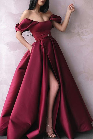 Burgundy Off Shoulder A-line Belt Slit Prom Dress with Pockets