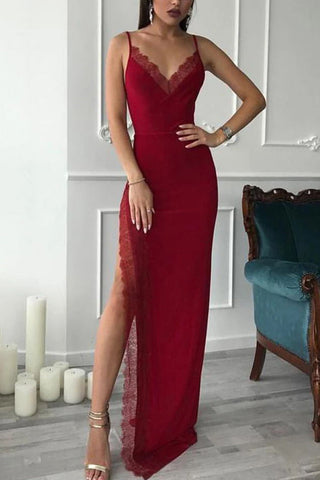 Red Lace Spaghetti Straps V-neck Slit Prom Dress