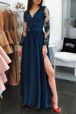 Dark Navy V-Neck Long Sleeves Lace A-Line Slit Prom Dress Dresses