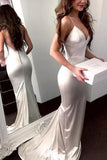Simple White Mermaid Spaghetti Straps Covered Button Prom Dress
