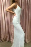 White Sequined Spaghetti Straps Open Back Long Prom Gown Dresses