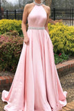 Pearl Pink A-Line Rhinestone Halter Evening Prom Dress Dresses