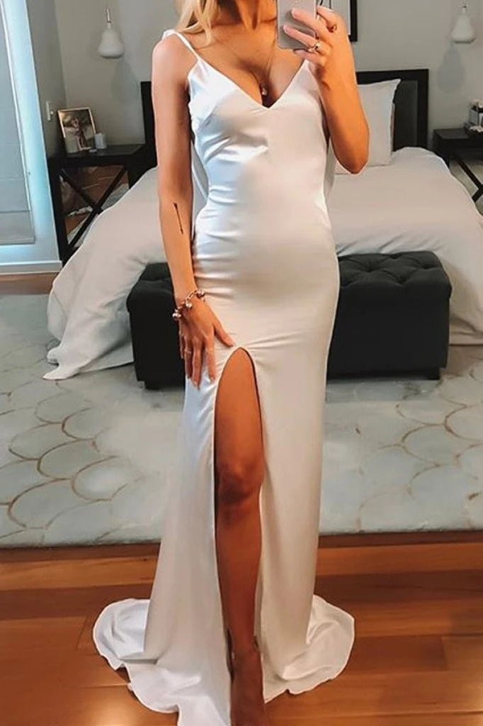 Chic White V-Neck Spaghetti Straps Open Back Slit Prom Dress Dresses