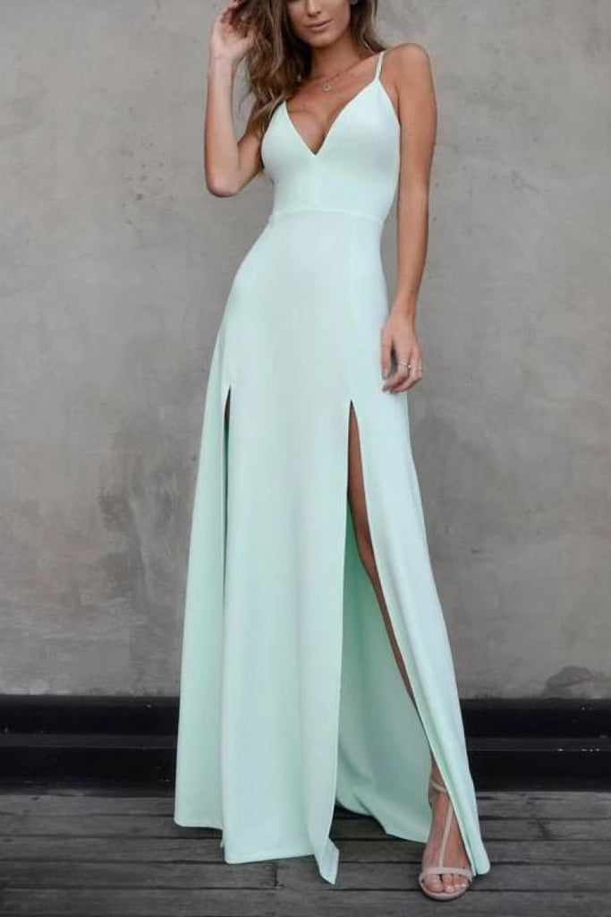 Simple Mint A-Line Two Slit V-Neck Open Back Long Prom Dress Dresses