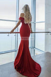 Simple Red Off Shoulder V-Neck Mermaid Open Back Prom Dress Dresses