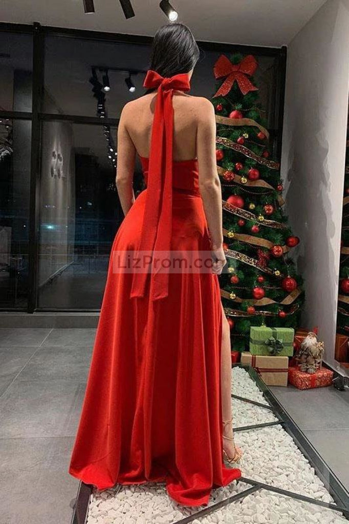 Red Halter A-Line Slit Sleeveless Long Dress Prom Dresses