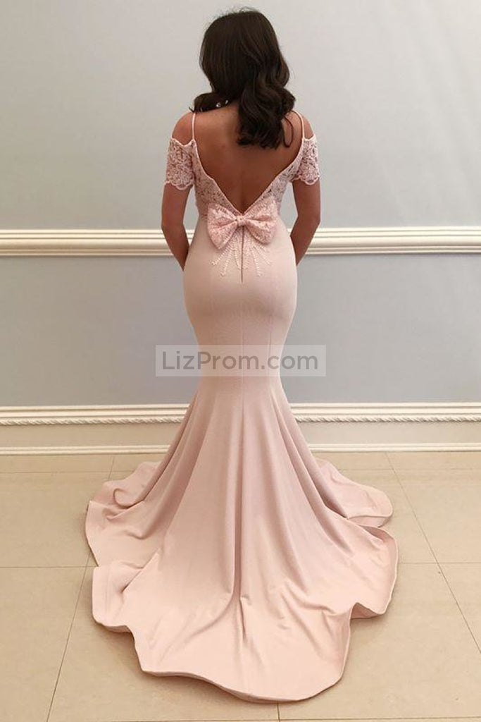 Mermaid Short Sleeves Off Shoulder Lace Bowknot Evening Prom Gown Dresses