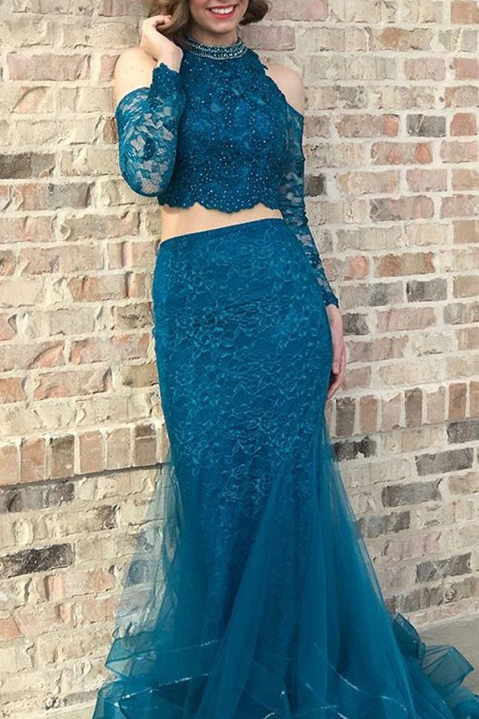 Ink Blue Two Pieces Beaded Long Sleeves Lace Mermaid Prom Dress Dresses