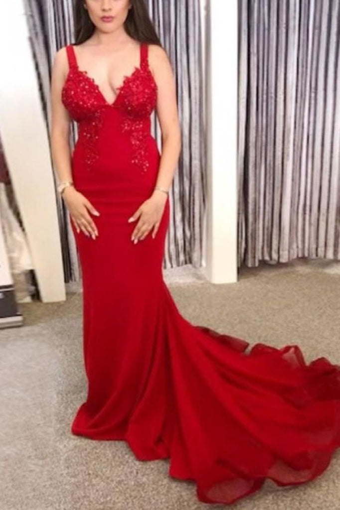 Charming Red V-Neck Mermaid Open Back Applique Prom Dress Dresses