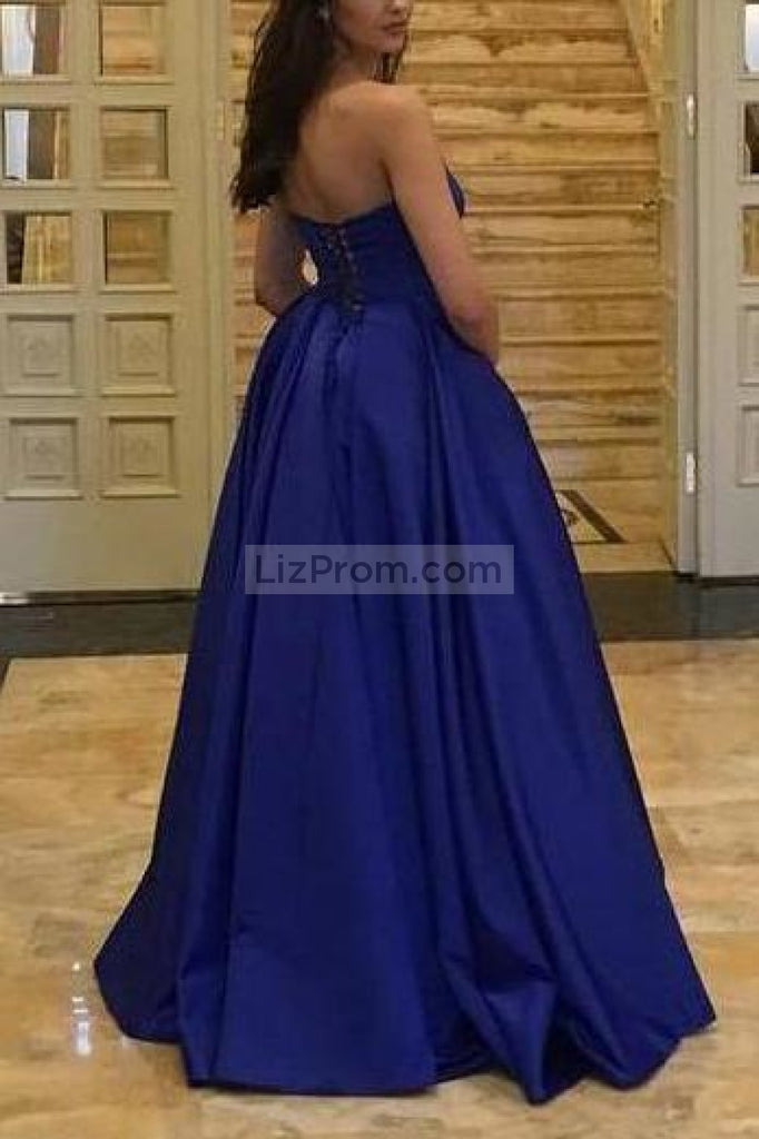 Gorgeous Royal Blue Simple Backless Covered Button Ball Gown Dresses