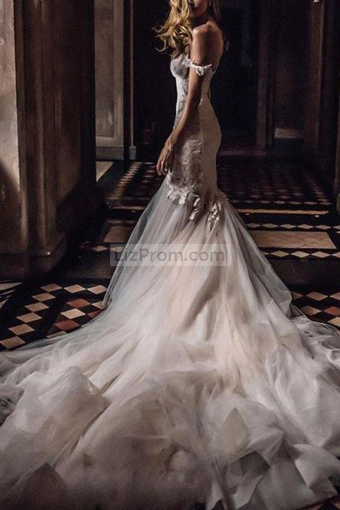 Charming White Off Shoulder Mermaid Lace Applique Wedding Dress Dresses