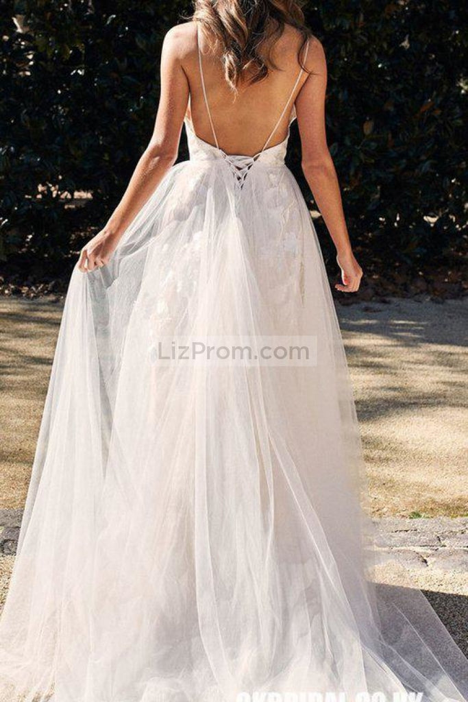 Honest A-Line Applique Lace-Up V-Neck Wedding Dress Dresses