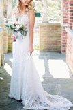 Chic White Lace V-Neck Sleeveless Open Back Wedding Dress Dresses