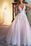 Chic Pearl Pink A-Line V-neck Sleeveless Applique Prom Dress