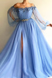 Light Sky Blue A-Line Long Sleeves Off Shoulder Beaded Princess Evening Dress