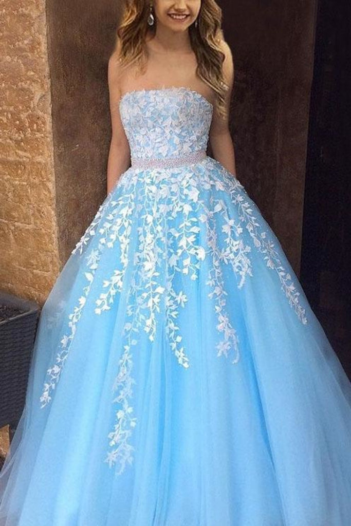 Chic Light Sky Blue A-Line Strapless Applique Beaded Princess Evening Dress Dresses