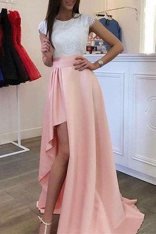 Chic A-line Slit Lace Scoop Short Sleeves Long Prom Dress