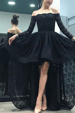 Black Off Shoulder Long Sleeves High Low Lace Evening Gown
