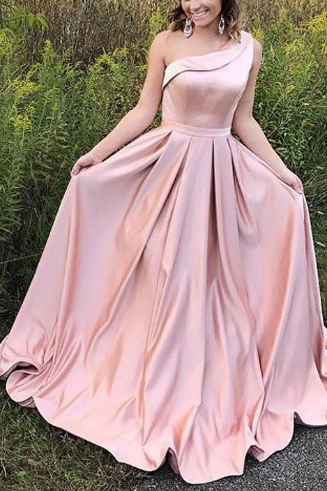 Simple Pearl Pink A-Line One-Shoulder Sleeveless Evening Dress